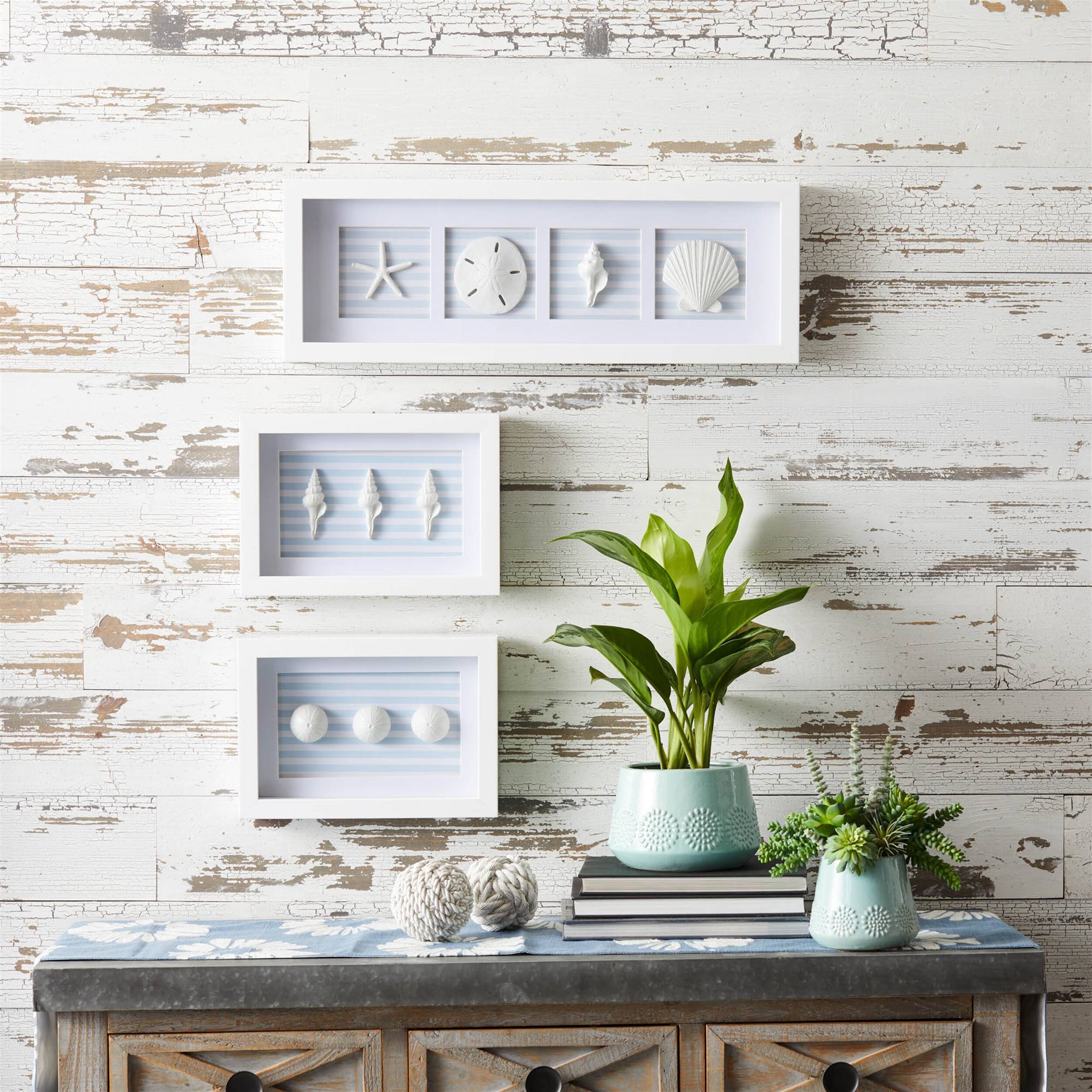 Angle. BreeBe - Framed Beach Wall Plaque (Set of 3) - Blue, White.