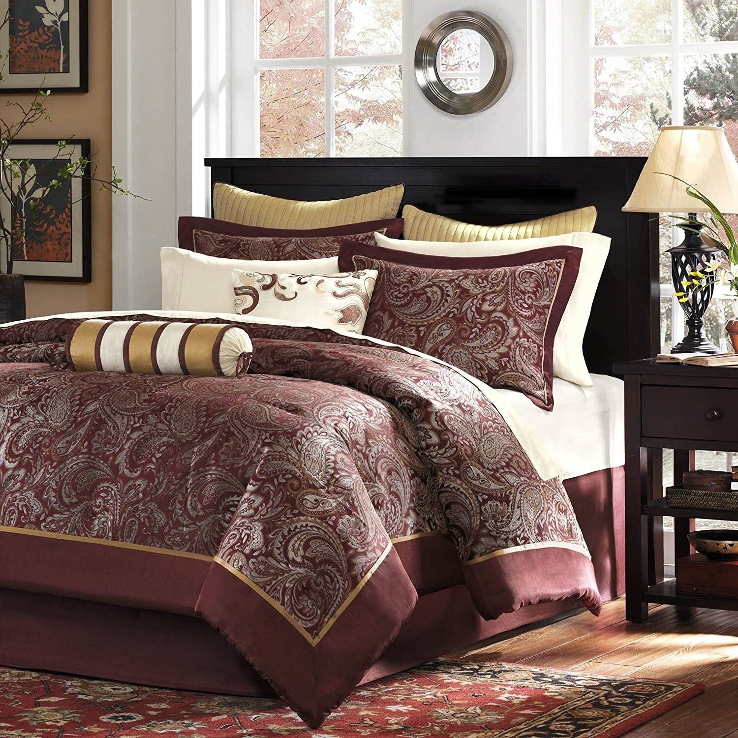 Angle. Hivvago - Queen 12 Piece Cotton Polyester Comforter Set Red Gold Paisley - Red Gold.