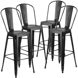 Emma + Oliver - Commercial Grade 4 Pack 30" High Distressed Metal Indoor-Outdoor Barstool with Back - Black