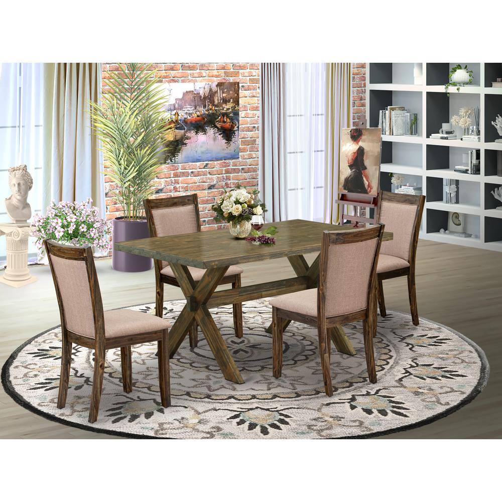 Alt View 3. East West Furniture - X776MZ716-5 5 Piece Modern Dining Table Set - A Dinning Table with Trestle Base and 4 dinner chairs - Distressed - Multi-Color.