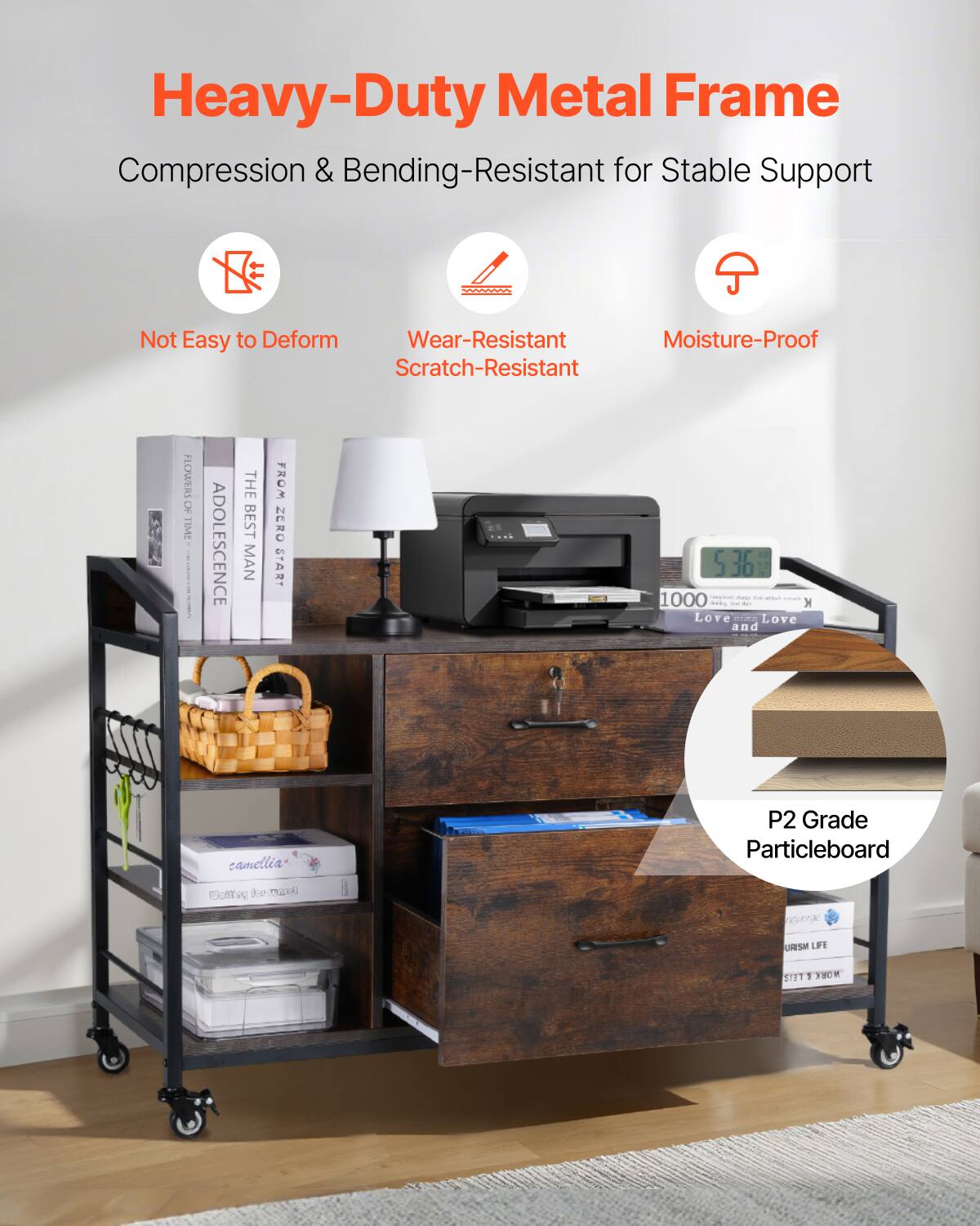 Heavy-Duty Metal Frame  
Compression & Bending-Resistant for Stable Support  

- Not Easy to Deform  
- Wear-Resistant Scratch-Resistant  
- Moisture-Proof  

P2 Grade Particleboard