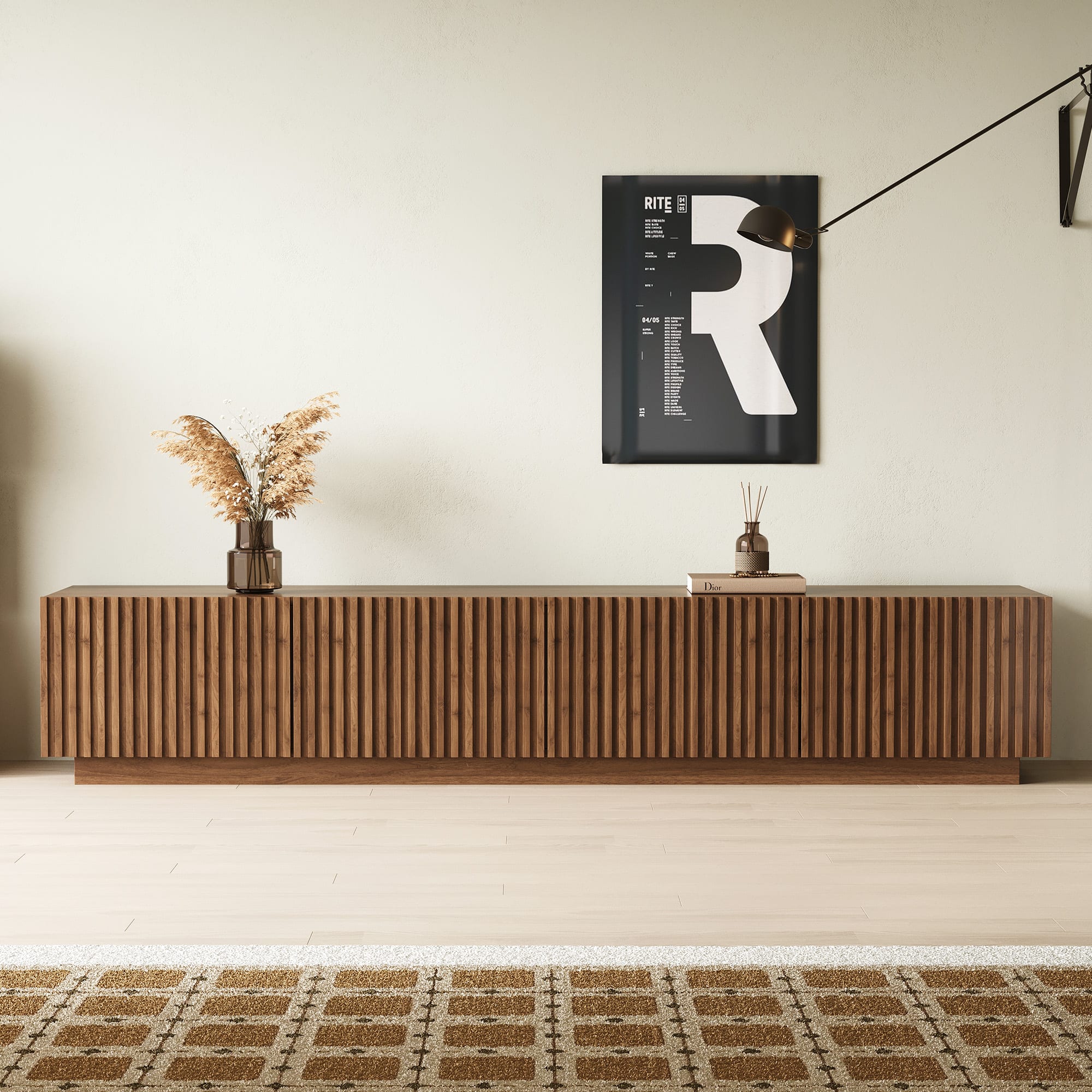 luck idea - 86.61" TV Stand and Media Console, Modern Entertainment Center with Large Storage Space for Living Room - Walnut Color