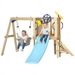Outsunny - Set for Backyard, Wooden Toddler Outdoor Playset with Baby Swing Seat, Kids Slide