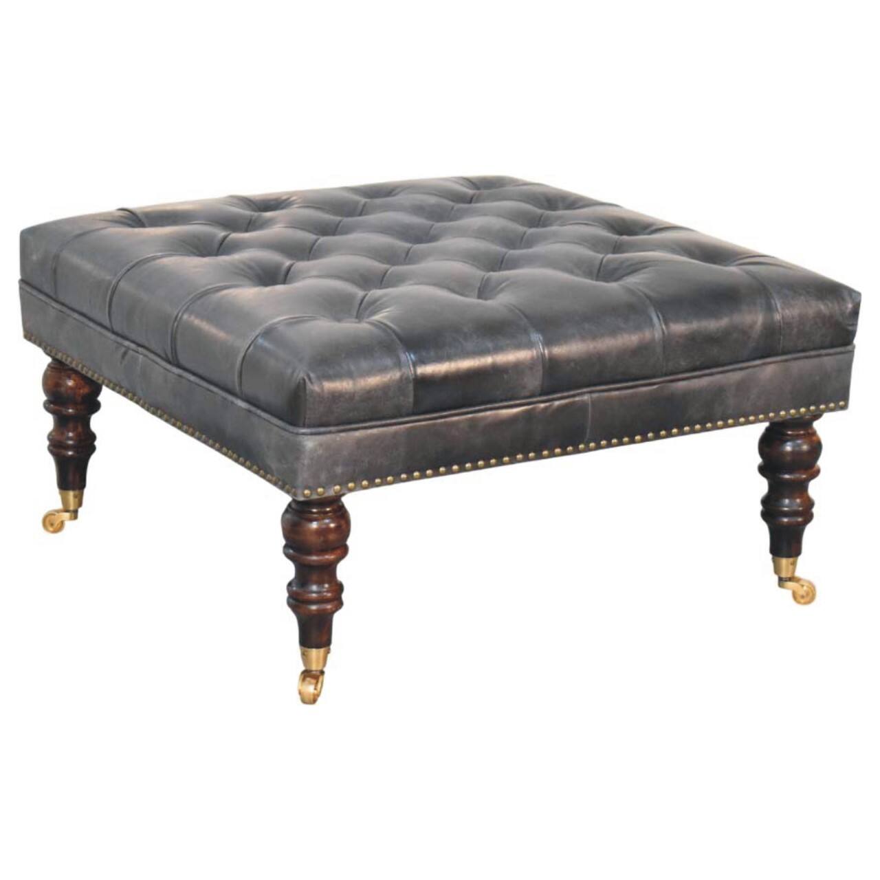 Alt View 3. Artisan Furniture - Artisan Furniture Solid Wood Black Leather Upholstered Ottoman, Black - Black.