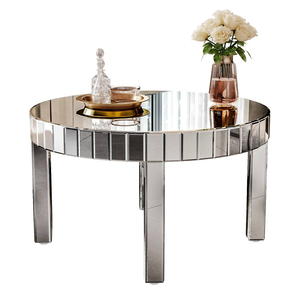Alt View 3. Loheer - Loheer silver round mirrored coffee table, fluted mirror design center table, 31.5 inch - Silver.