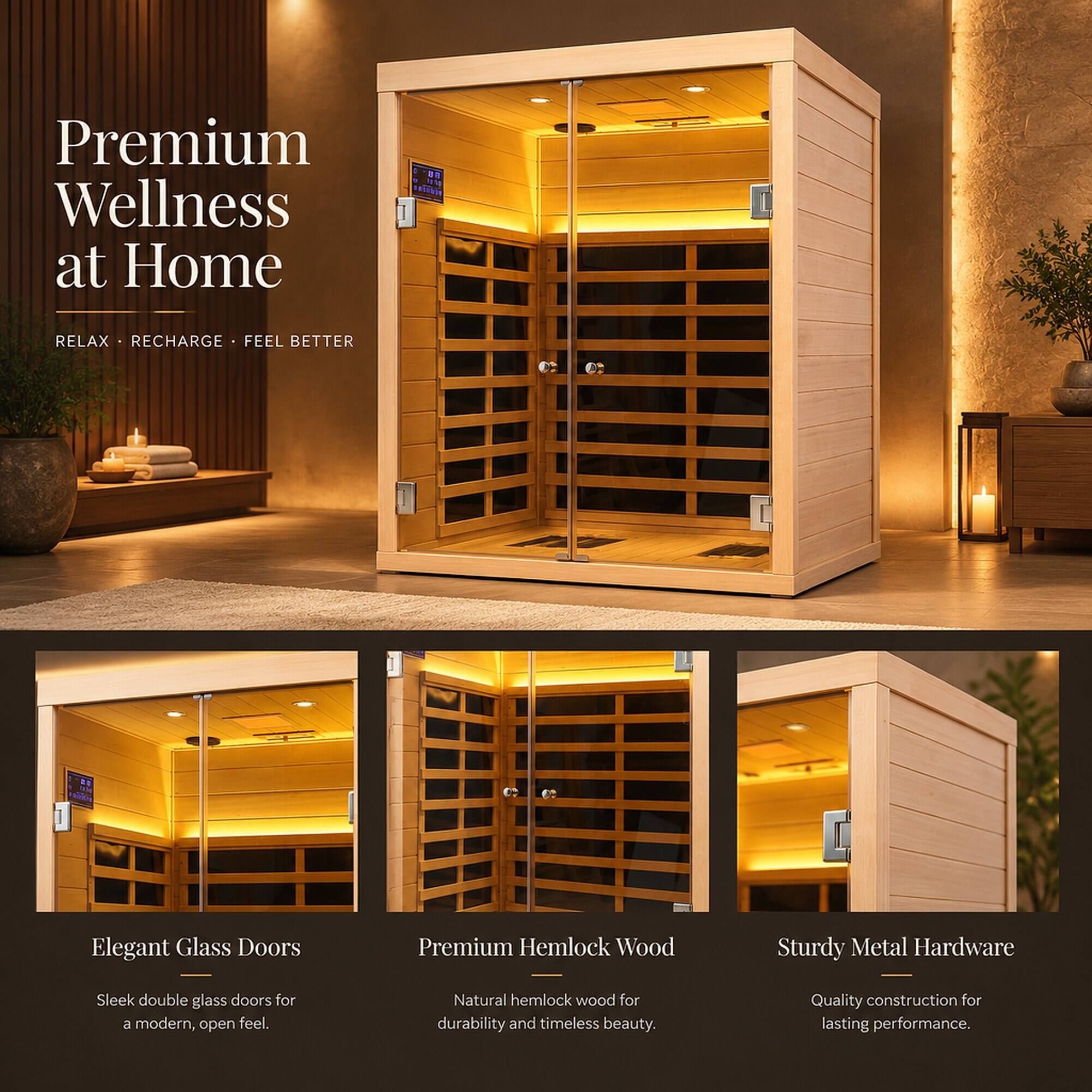 Premium Wellness at Home  
16  
RELAX RECHARGE FEEL BETTER

Elegant Glass Doors  
Sleek double glass doors for a modern, open feel.

Premium Hemlock Wood  
Natural hemlock wood for durability and timeless beauty.

Sturdy Metal Hardware  
Quality construction for lasting performance.