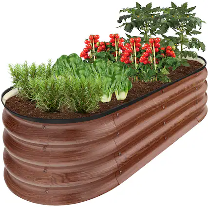 Front. Best Choice Products - Best Choice Products 4x2x1ft Outdoor Raised Metal Oval Garden Bed, Planter Box for Vegetables, Flowers - Wood Grain - Wood Grain.