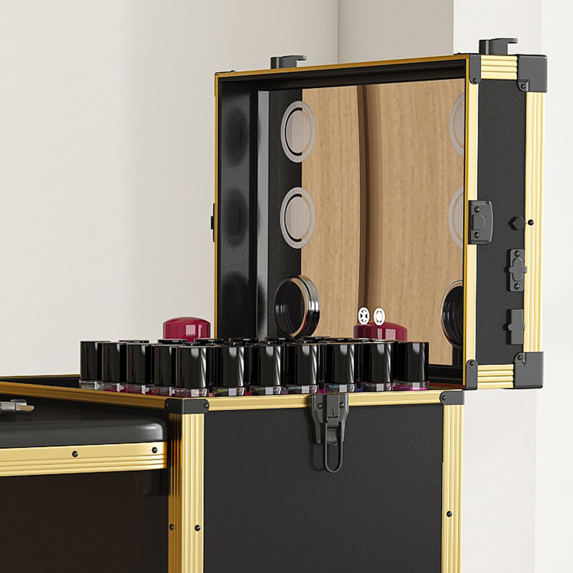 Angle. GOODSILO - Professional Folding Nail Art Table with LED Mirror Bluetooth Speaker Lockable Drawers Telescopic Pole Salon Station - Black+Gold.