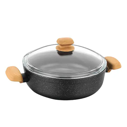 Front. Korkmaz - Korkmaz Montana 2 Piece 4 Liter Aluminum Nonstick Low Casserole Dish with Lid and Faux Wood Handles - Black.