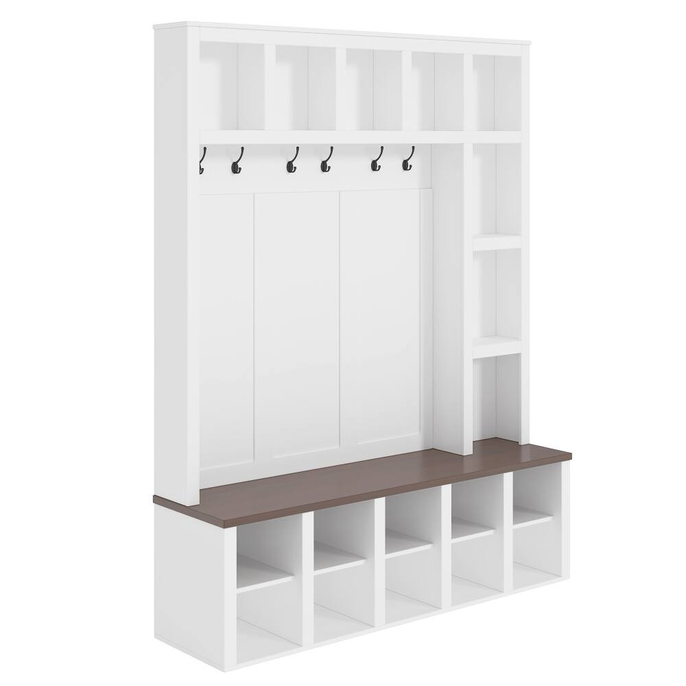Alt View 4. Loheer - Loheer Farmhouse Wooden Hall Tree 4-in-1 Entryway Shoe Cabinet Walnut Storage Bench - White and Walnut.