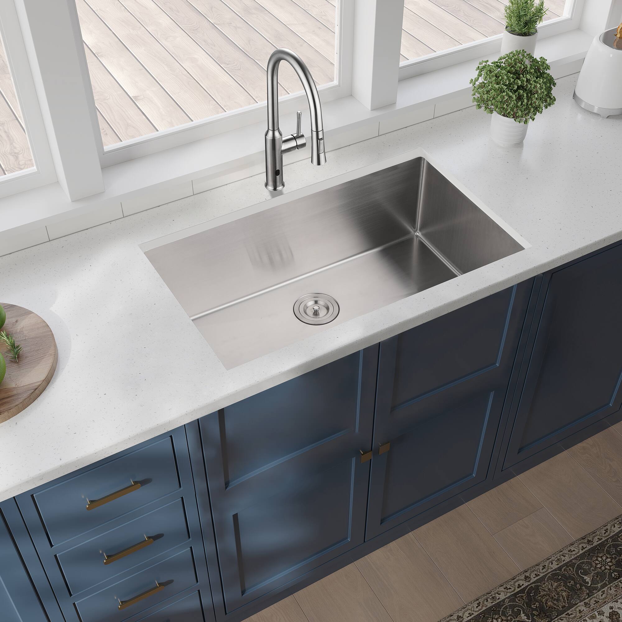 Left. ELEMENT ACE - Undermount Single Bowl Stainless Steel Kitchen Sink - 33x19x10 Inch - Brushed Nickel.