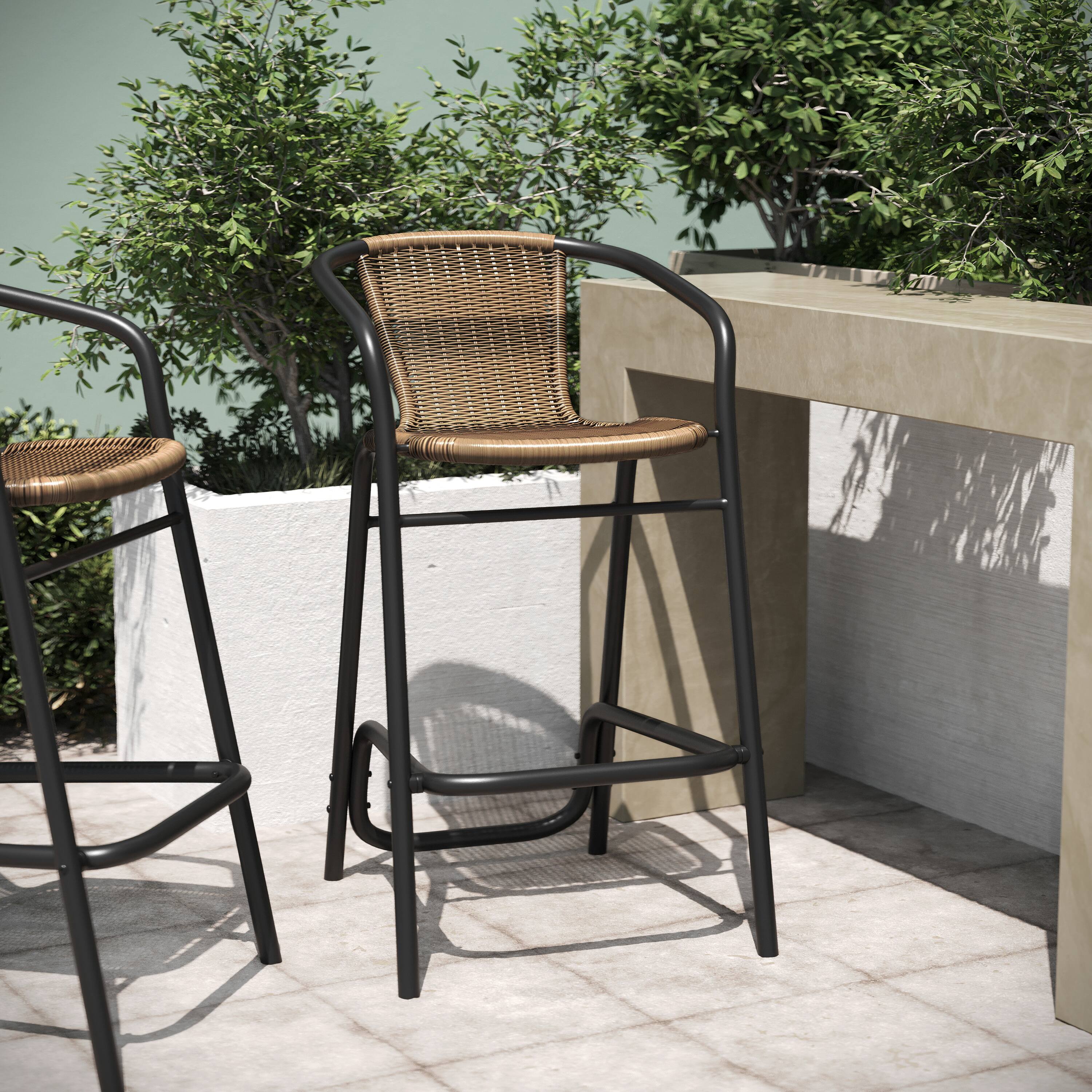 Alt View 1. Emma + Oliver - Soie Indoor/Outdoor Stacking Thonet Bistro Style Chair with Arms, PE Rattan Seat and Bamboo Finished Metal Frame - Navy & White/Natural Frame.