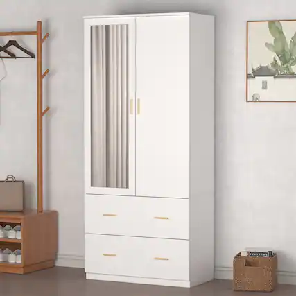 Front. Famapy - 72" Tall Wardrobe Armoire with Mirror, 2-Door Bedroom Closet with 4 Shelves, Hanging Rod & 2 Large Bottom Drawers - White.