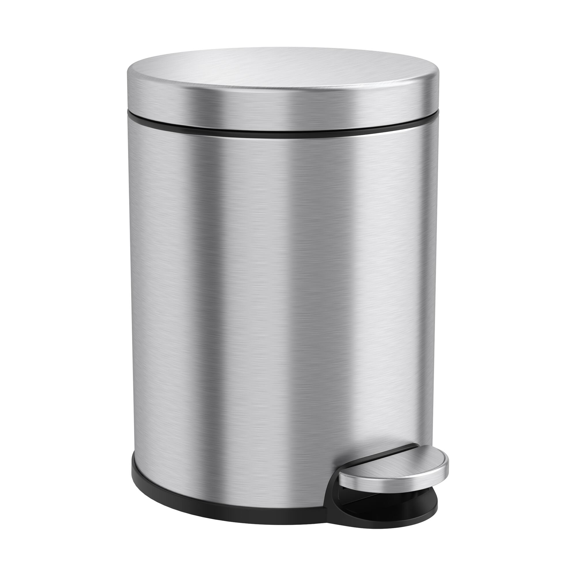Front. iTouchless - 1.3 Gallon SoftStep Round Stainless Steel Step Bathroom Trash Can with AbsorbX Odor Filter - Silver.