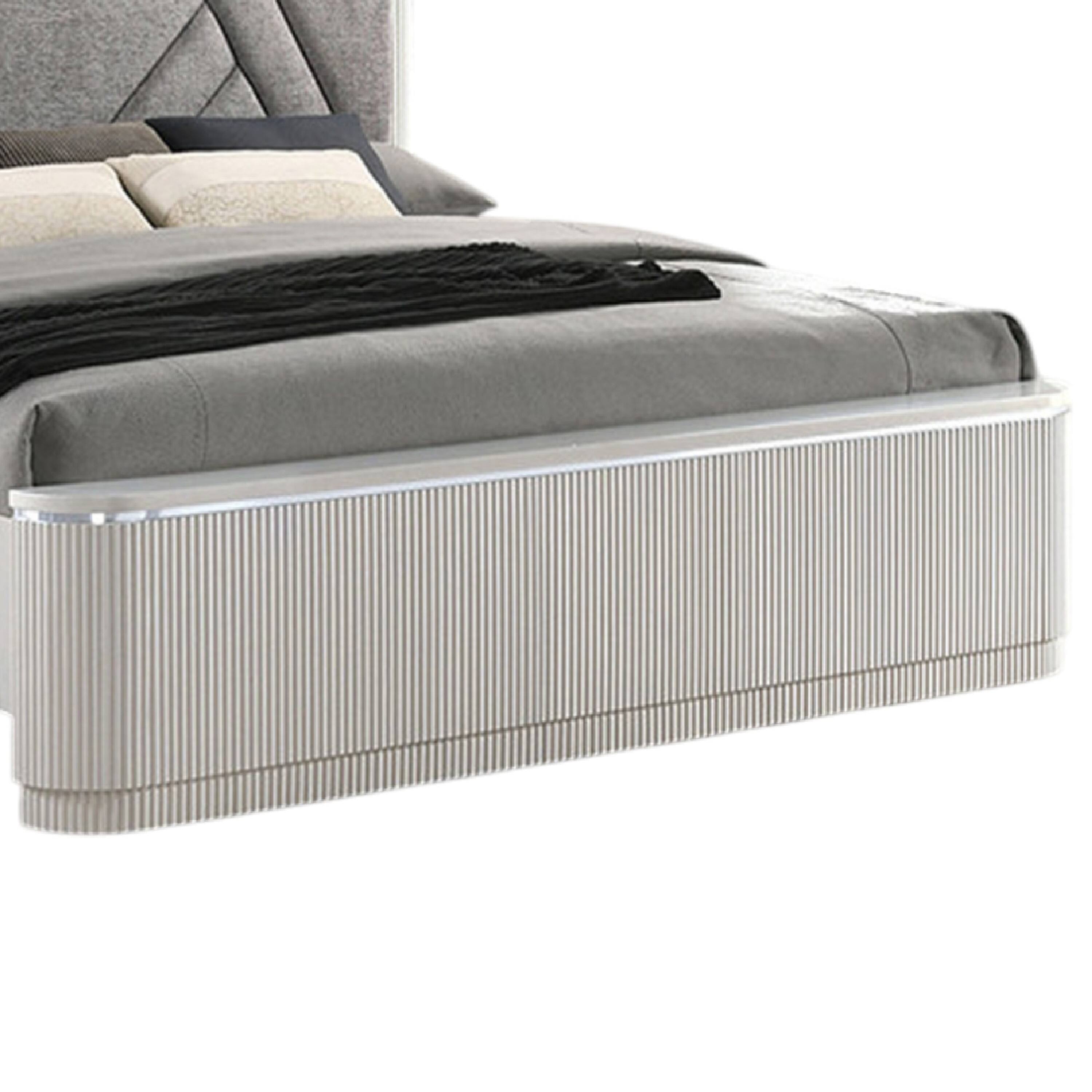 Alt View 3. Manhattan Lane - Alda Queen Bed, Upholstered Geometric Headboard, Light Gray Reeded Wood - Light Gray, Silver.