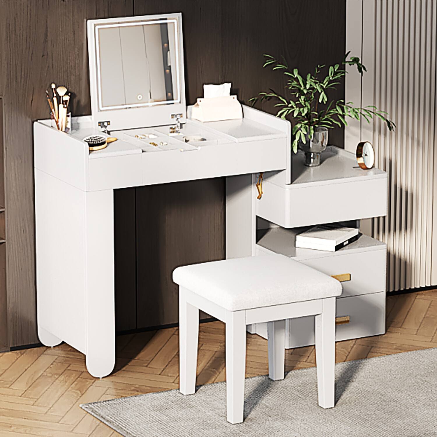 Front. Lirago - White 3-in-1 Makeup Vanity Desk with Flip Mirror LED Lights and Ample Drawers 16.3”D x 45.25“ W x 31.3“ H - White.