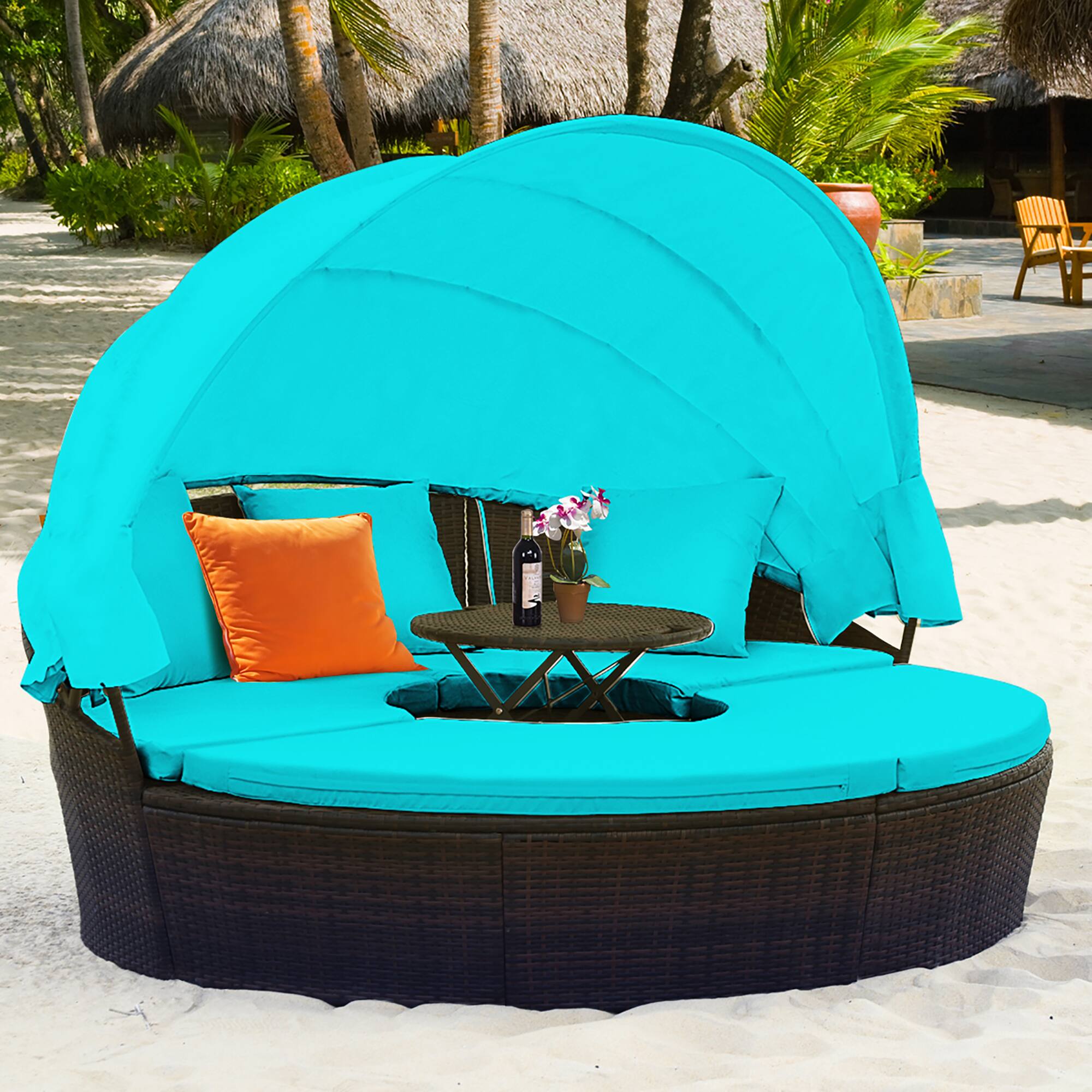 Alt View 1. Costway - Patio Rattan Daybed Cushioned Sofa Adjustable Table Top Canopy - Turquoise.