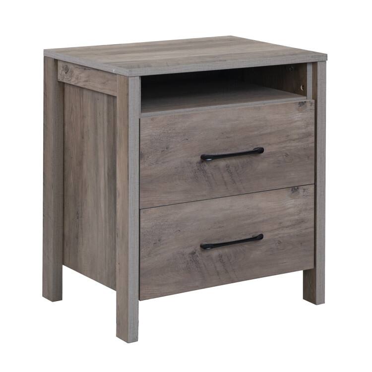 Front. SlickBlue - Farmhouse Nightstand with 2 Drawers and Open Storage Shelf for Bedroom - Grey.