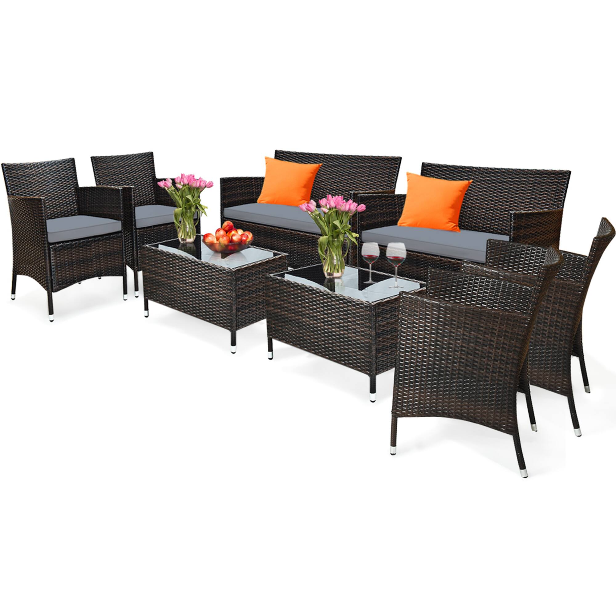 Alt View 1. Gymax - Gymax 8PCS Patio Rattan Conversation Furniture Set Outdoor w/ Gray Cushion - Gray.