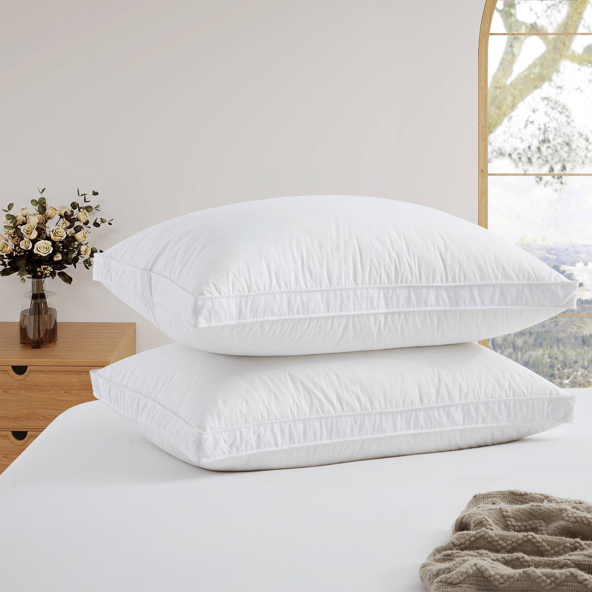 Angle. Puredown - Puredown 2 Pack 300TC Cotton Goose Feather Down Pillows, Pillow-in-a-pillow Design, Made in Japan, Gusseted, King - Gusseted.