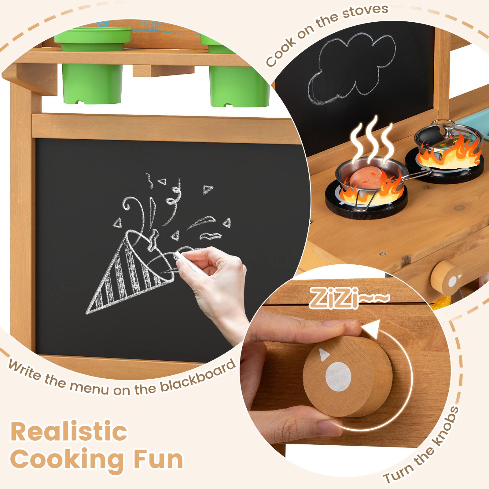 Realistic Cooking Fun

- Write the menu on the blackboard
- Cook on the stoves
- Turn the knobs

ZiZi~~