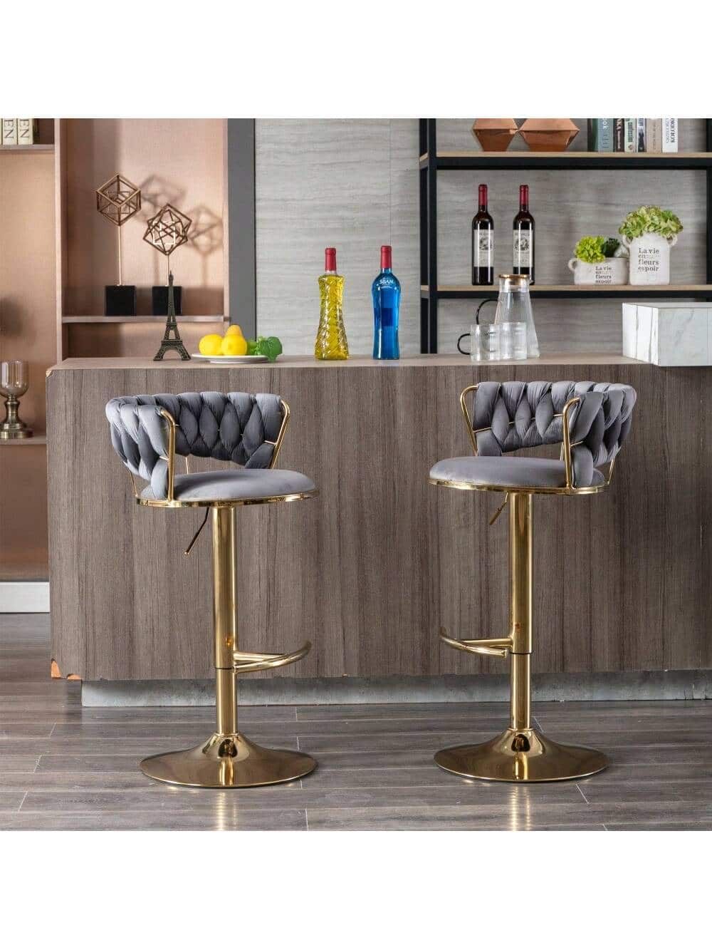 Trinkets Crazed - Gold Bar Stools Set Of 2, 360° Swivel Bar Stools Counter Height Bar Stools, Velvet Adjustable Height Barstools - Gray
