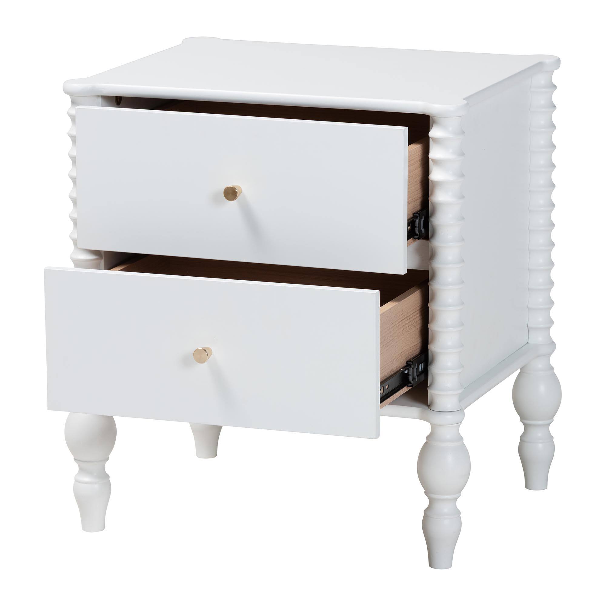 Angle. Baxton Studio - Callison Spindle Nightstand - 2-Drawer Farmhouse Bedside Table with Turned Accents for Bedroom, - White.