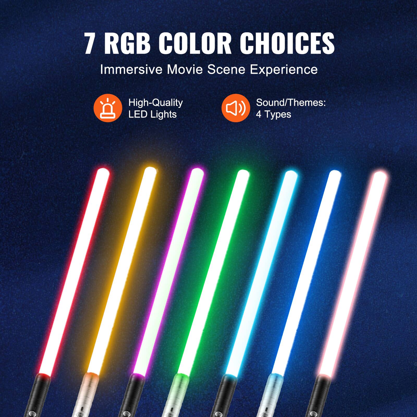 7 RGB COLOR CHOICES  
Immersive Movie Scene Experience  

High-Quality LED Lights  
Sound/Themes: 4 Types