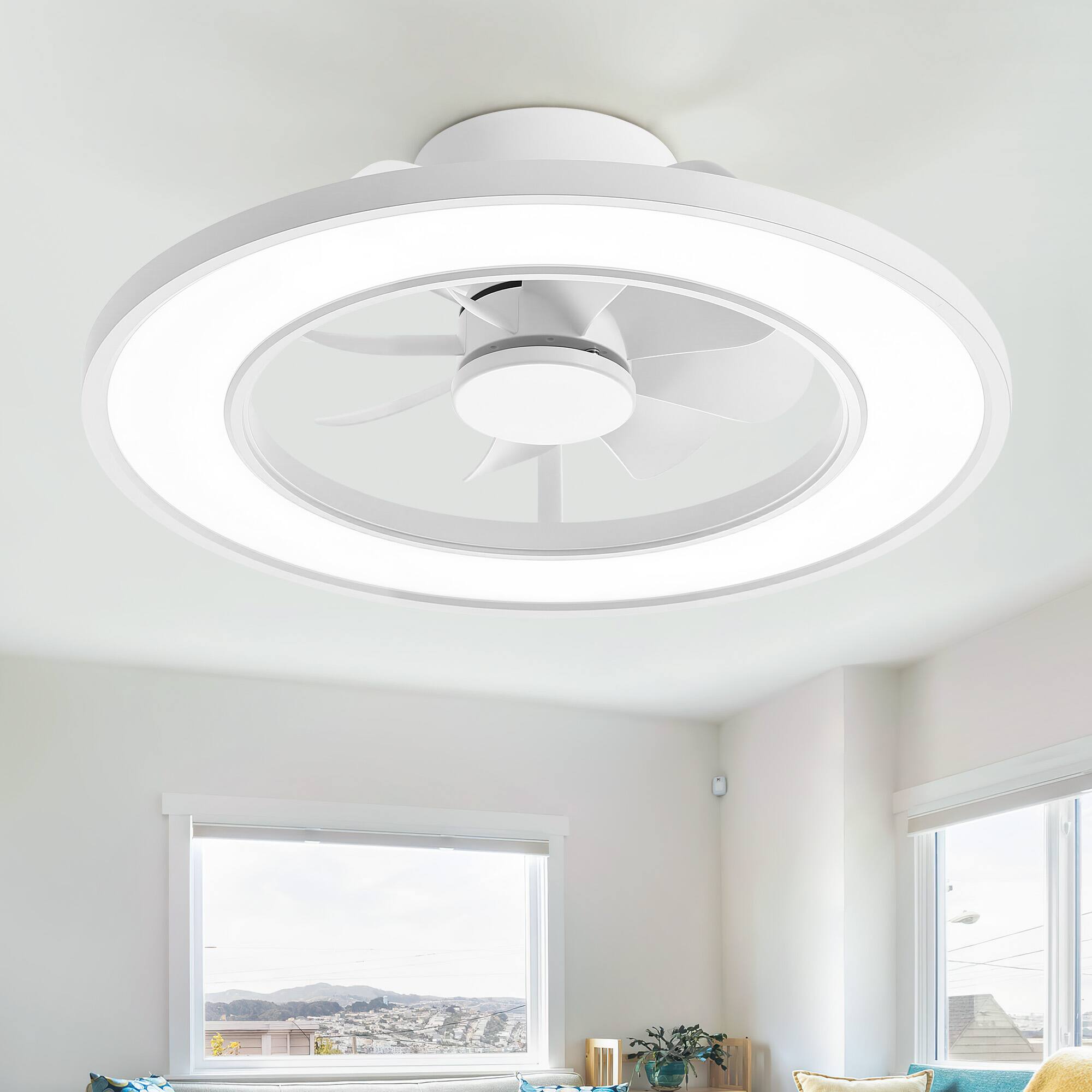Angle. Breezary - 20-Inch Caged Flush Mount Ceiling Fan with Acrylic Shade, Tunable LED, 6-Speed Remote, Timer, DC Motor - 20-Inch White Ceiling Fan.