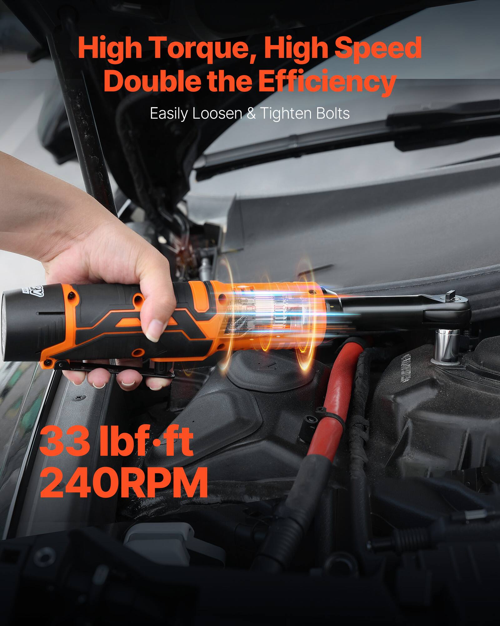 High Torque, High Speed  
Double the Efficiency  
Easily Loosen & Tighten Bolts  

33 lbf-ft  
240RPM