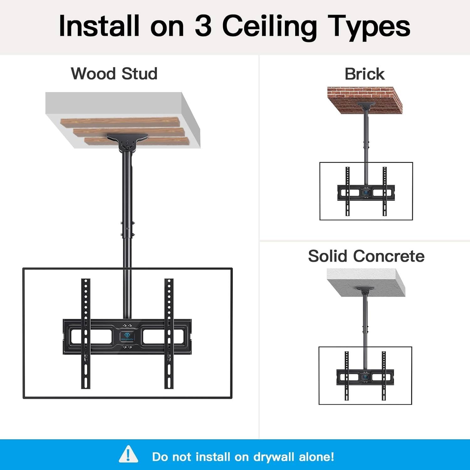 Install on 3 Ceiling Types: Wood Stud, Brick, Solid Concrete! Do not install on drywall alone!