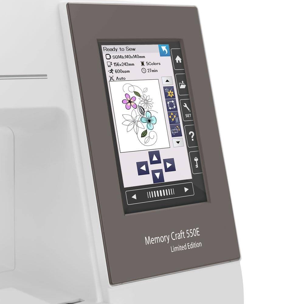 Ready to Sew  
SQ14b: 140x140mm  
156x242mm  
5 Colors  
600spm  
27 min  
Auto  

Memory Craft 550E  
Limited Edition