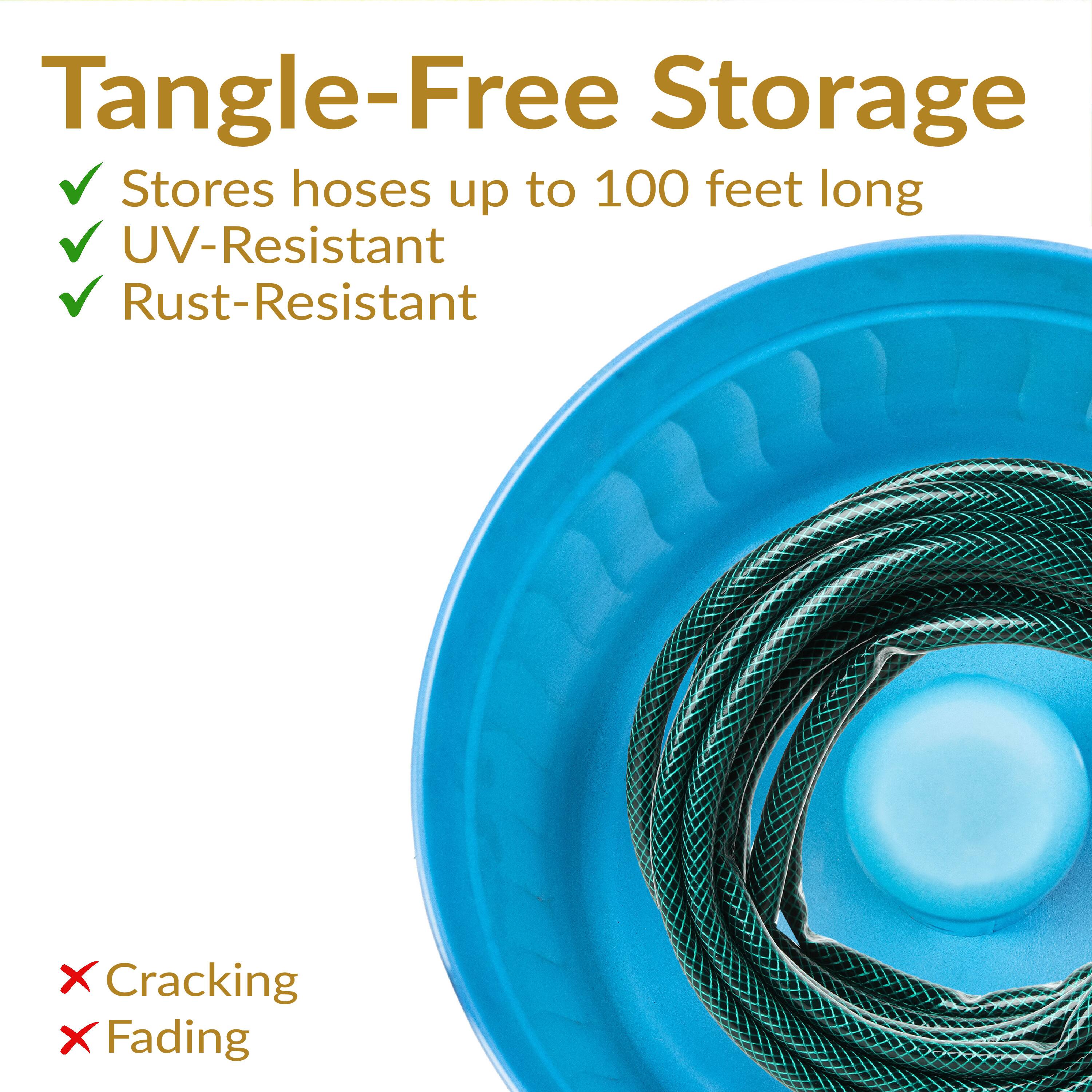 Tangle-Free Storage  
Stores hoses up to 100 feet long  
✔ UV-Resistant  
✔ Rust-Resistant  
❌ Cracking  
❌ Fading