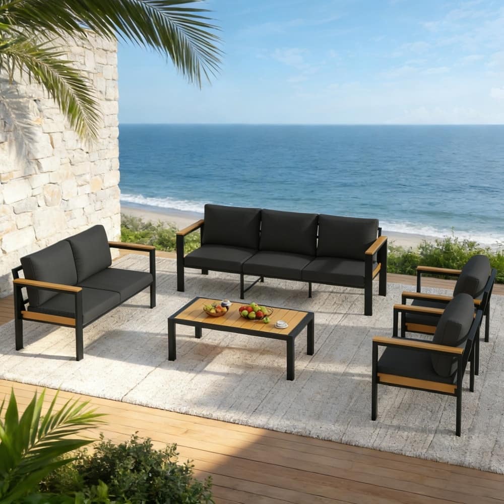 U-HOMY - 5-Piece Patio Conversation Set with Table, All-Weather Aluminum Furniture for Outdoor Living - Black