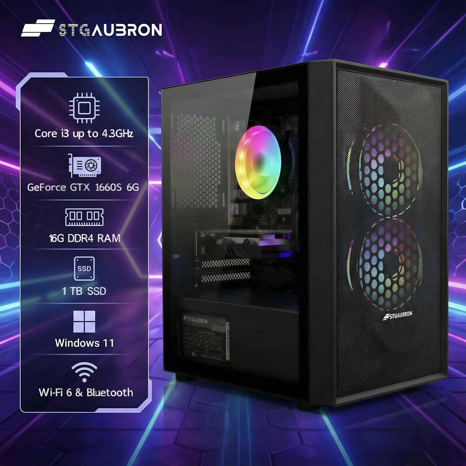 STGAUBRON STG Core i3 up to 4.3GHz GeForce GTX 1660S 6G 16G DDR4 RAM 1TB SSD Windows 11 Wi-Fi 6 & Bluetooth