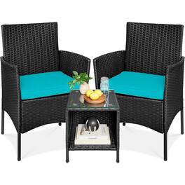 Hivvago - 3-Piece Black PE Wicker Outdoor Dining Patio Furniture Set w/ Teal Blue Cushions - Black, Teal Blue
