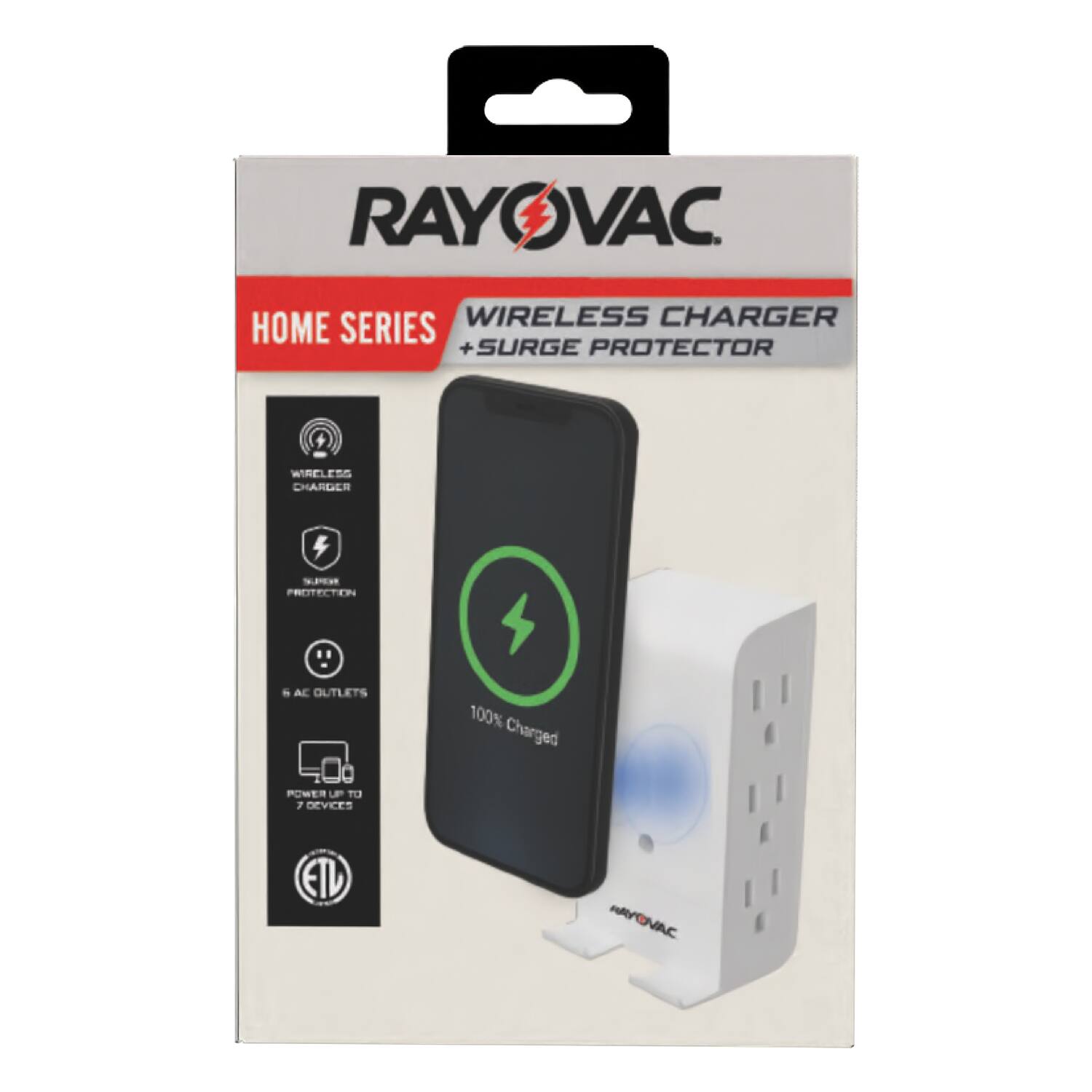 RAYOVAC HOME SERIES WIRELESS CHARGER + SURGE PROTECTOR WIRELESS CHARGER nmLe PROTECTION 1 AC OUTLETS 100% Charged POWER UP TO 7 DEVICES ETL RAYOVAC