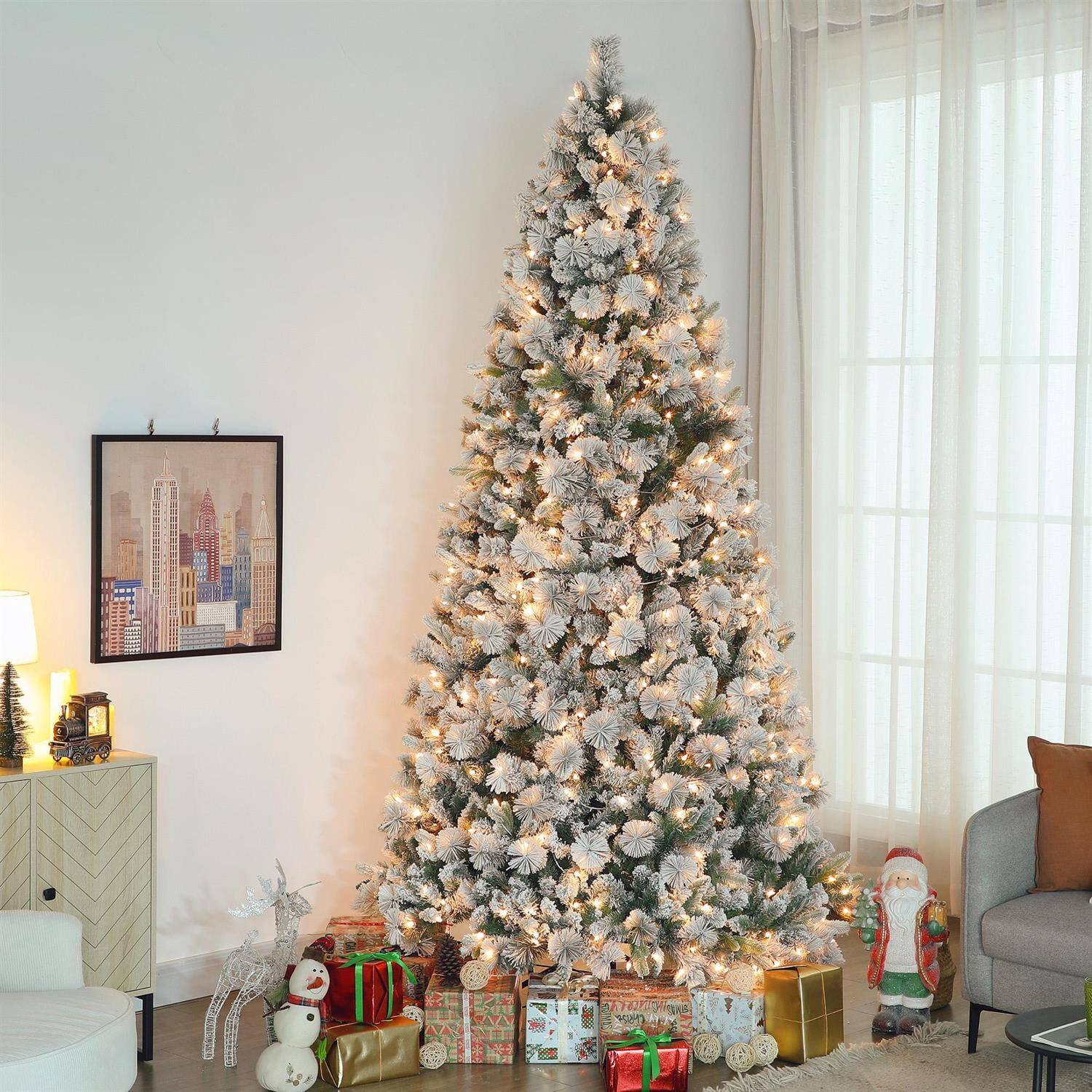 Alt View 1. Pefilos - 9ft Tall Prelit Flocked Artificial Christmas Tree with 750 Clear Lights and 2387 Tips, Metal Stand - Green.