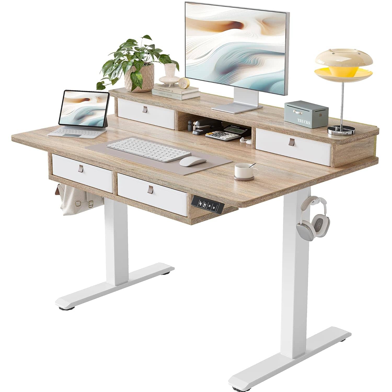 Zell Electronics - 48 Inchx28 Inch Electric DeskHeight Adjustable with Four Drawers & Storage Shelf for Home Office - Maple