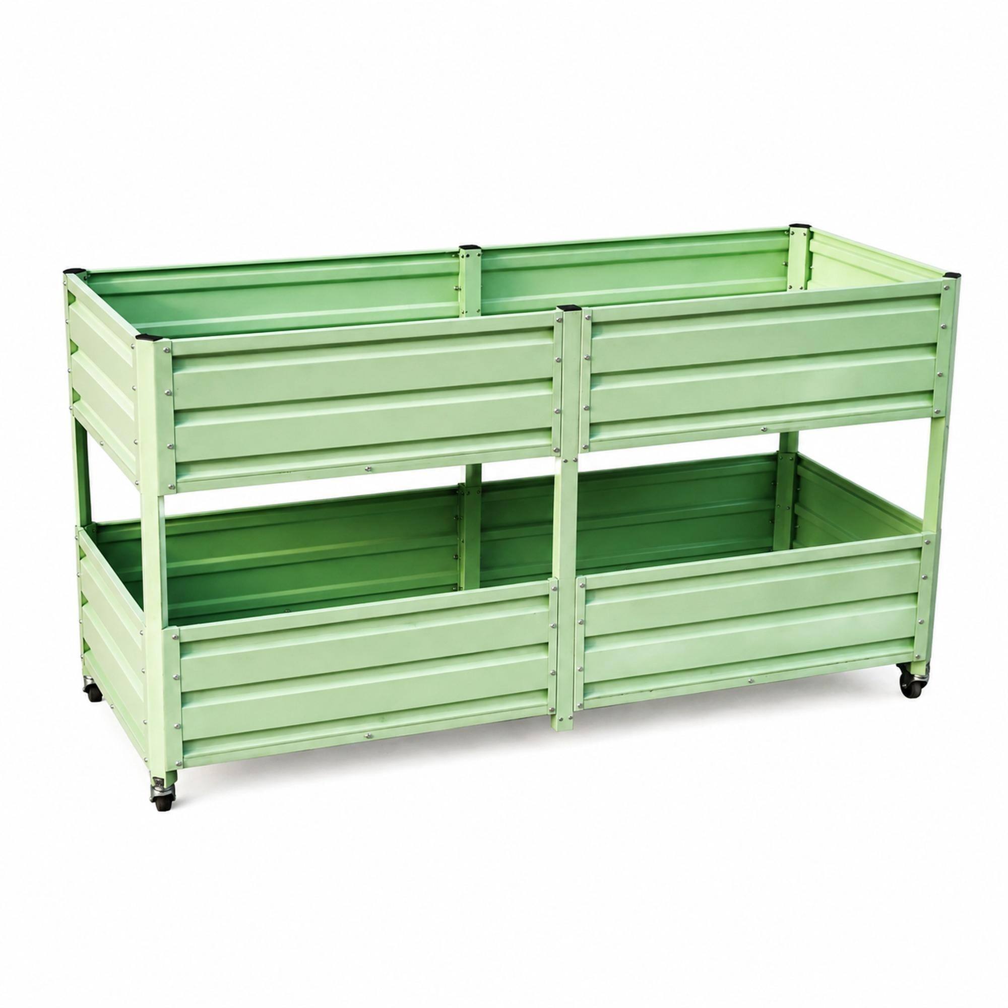 Front. RYHNUYNE - Elevated Metal Raised Garden Bed with Lockable Wheels, Green Two-Tier Self-Watering Planter Box for Vegetables - Green.