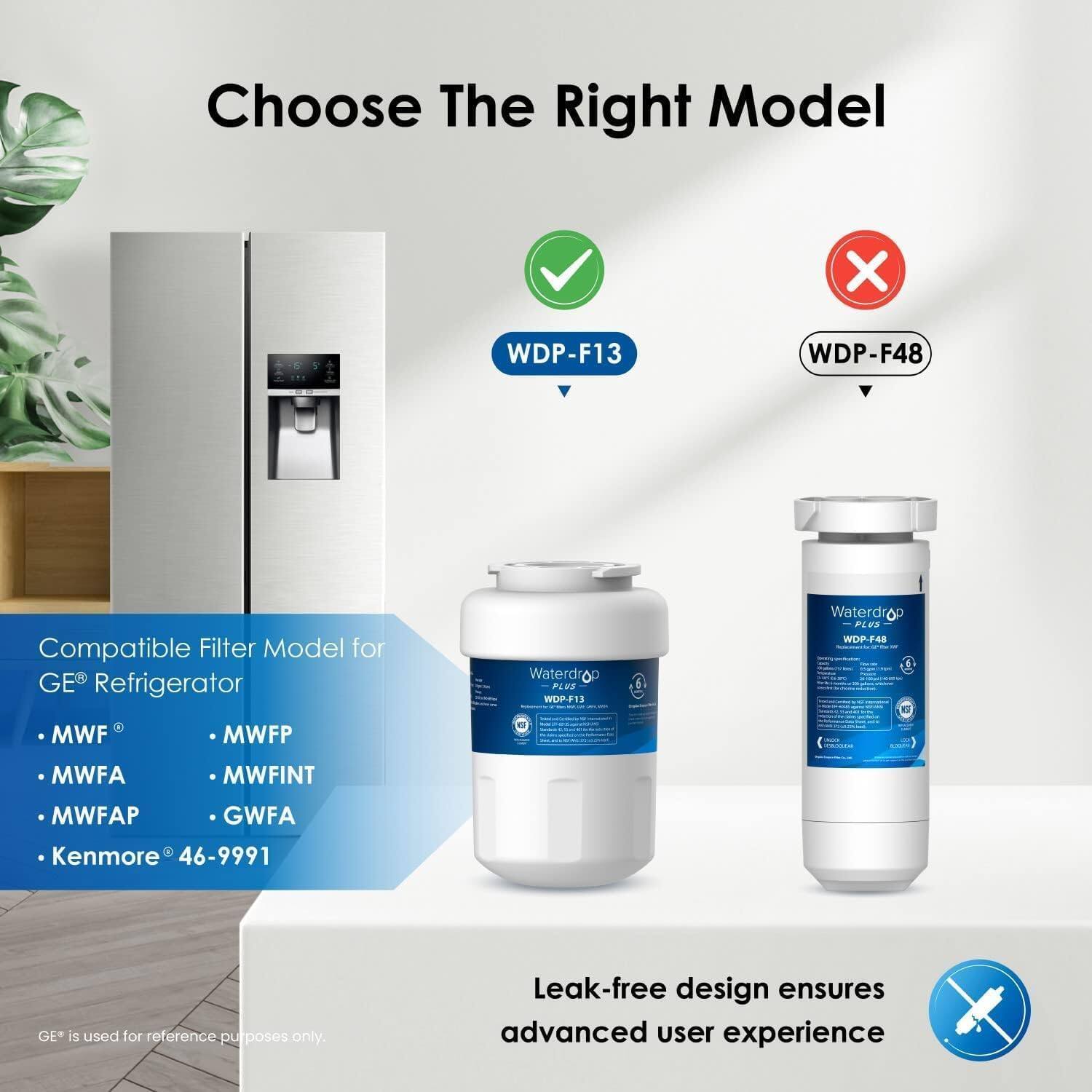 Choose the Right Model X WDP-F13 WDP-F48 Compatible Filter Model for GE Refrigerator MWF MWFP Waterdrop PLOS WOP-P13 5 Waterdrop P. a WDP F43 MWFA MWFINT MWFAP GWFA Kenmore 46-9991 GE is used for reference purposes only. Leak-free design ensures advanced user experience.