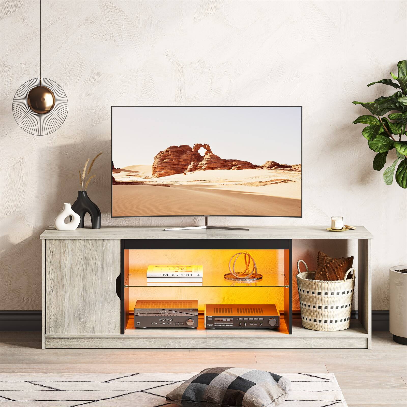 Bestier - 57-inch Gaming TV Stand with RGB Lights, Adjustable Glass Shelves & PS Console Storage - Retro Grey