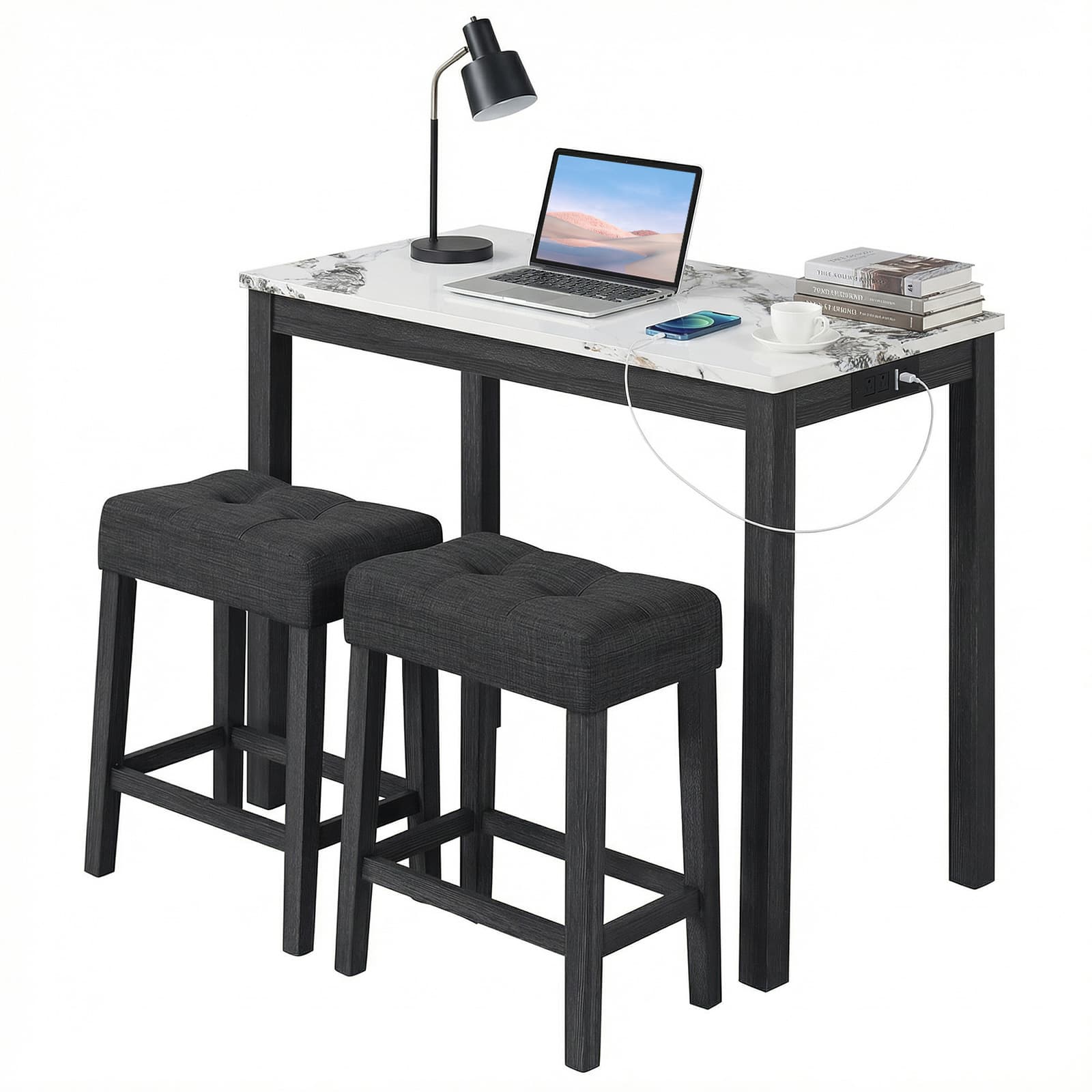 Gymax - 3 PCS Bar Table Set w/ Charging Station Modern Counter Height Breakfast Table - White