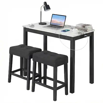 Front. Gymax - Gymax 3 PCS Bar Table Set w/ Charging Station Modern Counter Height Breakfast Table White - White.