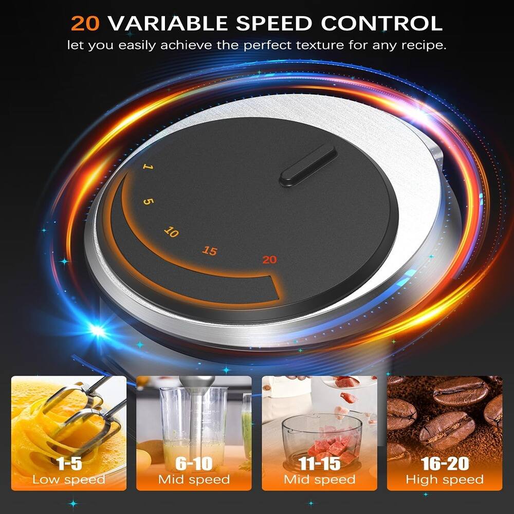 20 VARIABLE SPEED CONTROL  
let you easily achieve the perfect texture for any recipe.

1-5 Low speed  
6-10 Mid speed  
11-15 Mid speed  
16-20 High speed