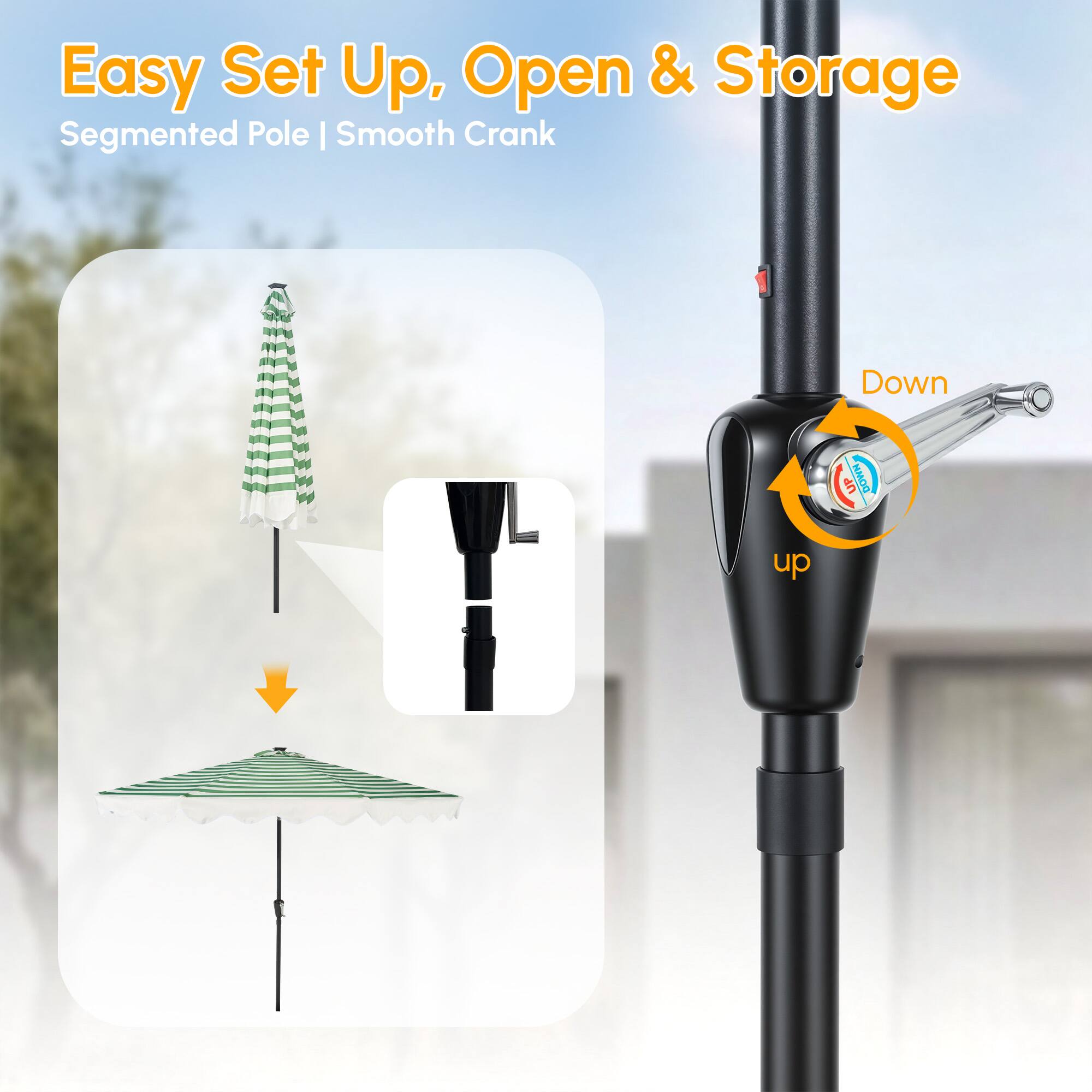 Easy Set Up, Open & Storage  
Segmented Pole | Smooth Crank