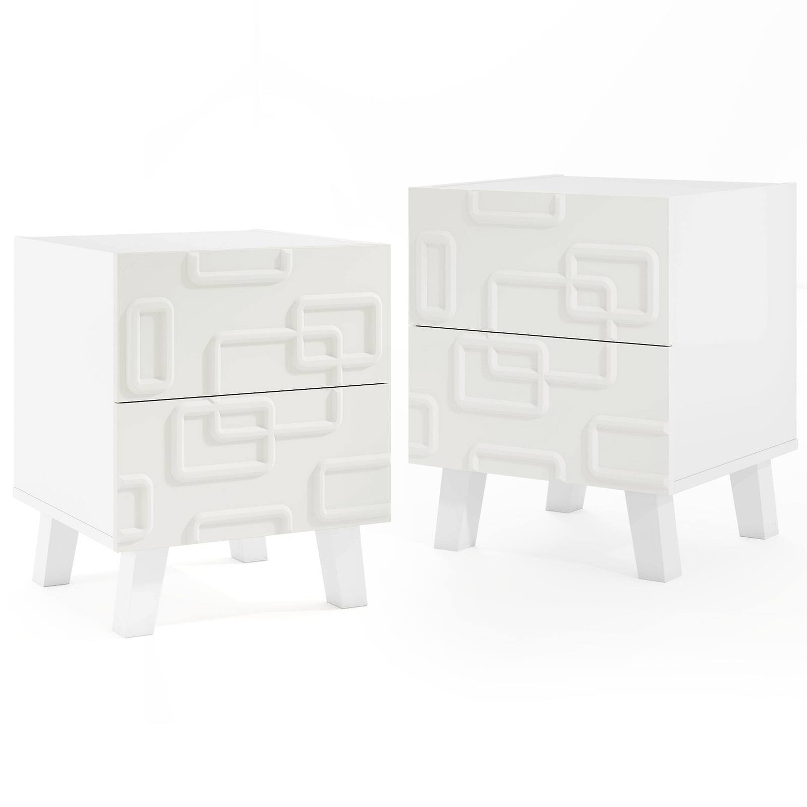 Alt View 9. Gymax - Gymax 2PCS Mid Century Modern Bedside Table w/2 Storage Drawers 3D Geometric Patterns - White.