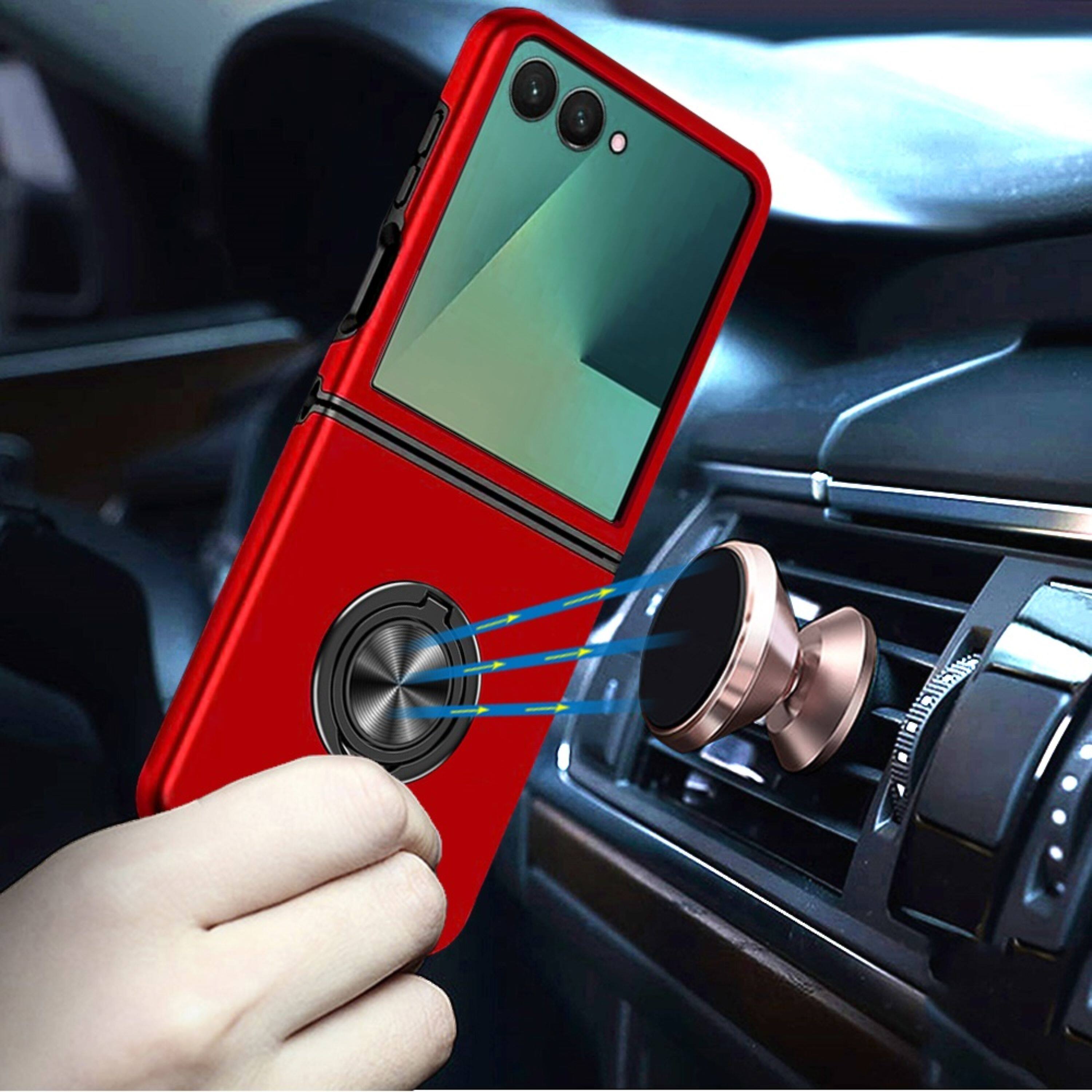 Angle. Kitcheniva - Rubber Dual Layer Magnetic Ring Stand Case With Tempered Glass For Samsung Z Flip7 Red - Red.