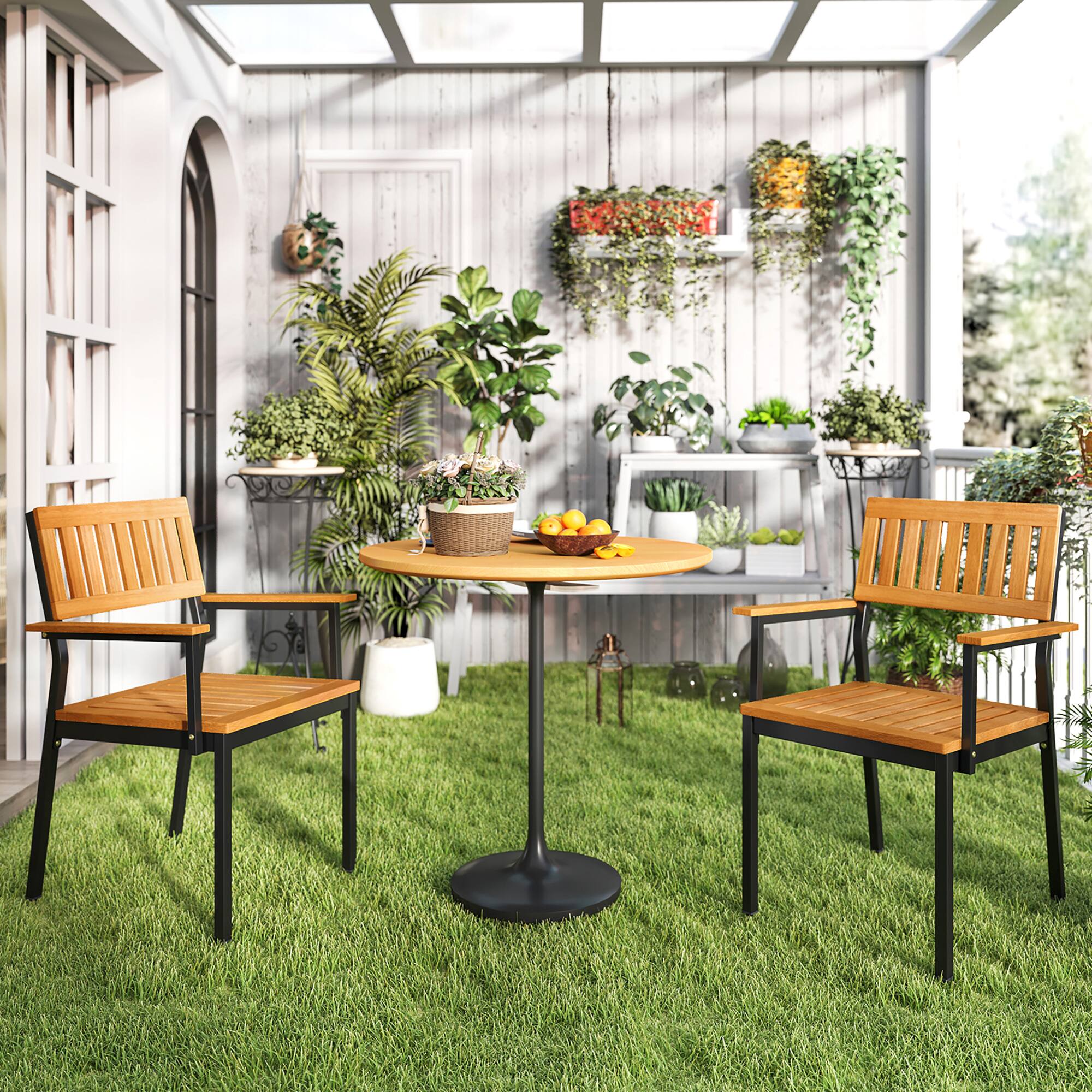 Alt View 3. Gymax - Gymax Dining Chair Set of 4 w/Acacia Wood Backrest Slanted Seat Comfortable Armrests - Natural, Black.