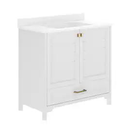 Flash Furniture - Haven 36" Bathroom Vanity with Sink, Storage Cabinet with Gold Hardware, Soft Close Doors and Bottom Drawer, Carrara Mar - White